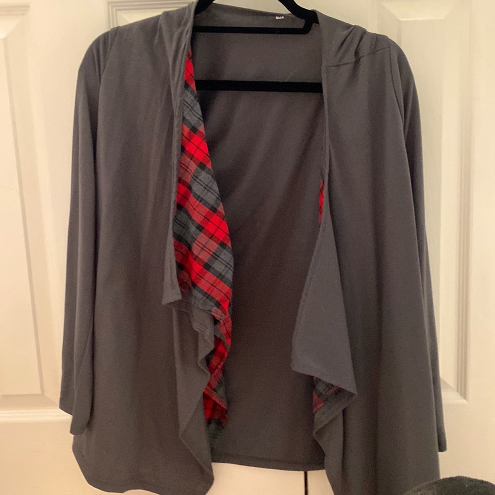 gray and plaid cardigan